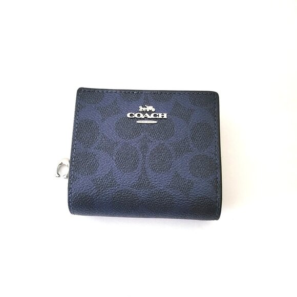 Coach CCL96 Snap Wallet Metallic Signature Small Clutch Blue Navy - Picture 1 of 7